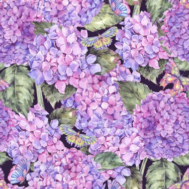 Suluboya yaz pembe ortanca ve kelebekler ile seamless modeli. Siyah arka plan üzerine doğal çiçek doku