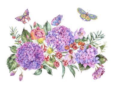 Suluboya yaz buket pembe Hydrangea, papatya, meyveler, çiçekler, Blackberry ve kelebekler. Tebrik kartı doğal çiçek illüstrasyon izole beyaz arka plan üzerinde davet