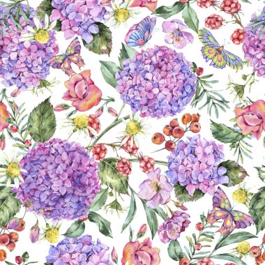 Suluboya yaz Dikişsiz desen pembe Hydrangea, papatya, meyveler, çiçekler, Blackberry ve kelebekler. Beyaz arka plan üzerinde doğal çiçek şekil