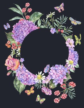 Suluboya yaz pembe ortanca, papatya, meyveler, çiçekler, Blackberry ve kelebekler. Yuvarlak kare siyah arka plan üzerine izole davet