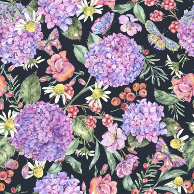 Suluboya yaz Dikişsiz desen pembe Hydrangea, papatya, meyveler, çiçekler, Blackberry ve kelebekler. Siyah arka plan üzerine doğal çiçek şekil