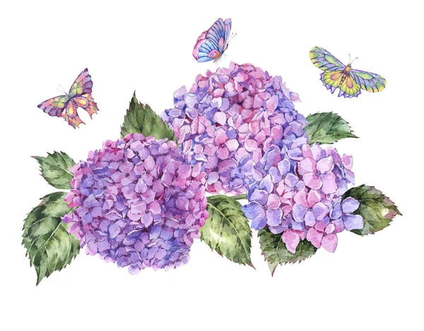 Aquarell Sommerstrauß Mit Rosa Hortensien Und Schmetterlingen Einladungskarte Natürliche Florale — Stockfoto