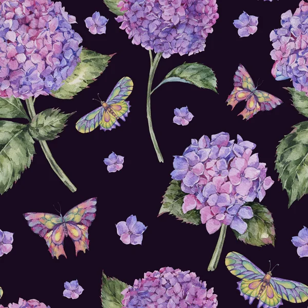 Watercolor Summer Seamless Pattern Pink Hydrangea Butterflies Natural Floral Texture — Stock Photo, Image