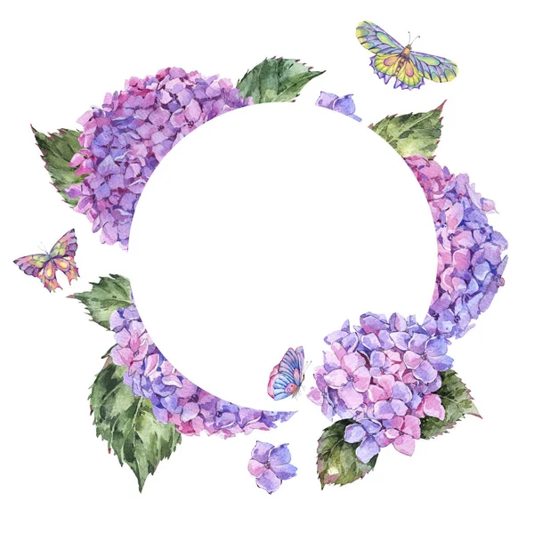 Aquarelle Cadre Rond Été Avec Hortensia Rose Papillons Carte Voeux — Photo