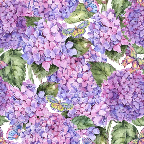 Patrón Sin Costuras Verano Acuarela Con Hortensias Rosadas Mariposas Textura — Foto de Stock