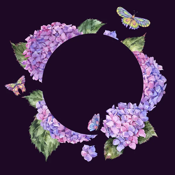 Aquarell Sommer Rundrahmen Mit Rosa Hortensien Und Schmetterlingen Einladungskarte Natürliche — Stockfoto