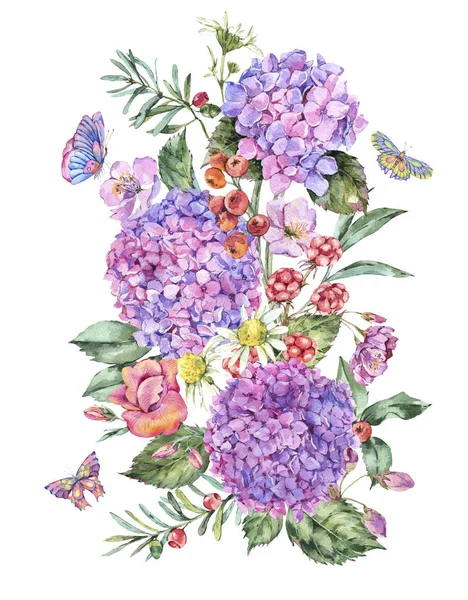 Aquarell Sommer Rosa Hortensien Kamille Beeren Wildblumen Brombeeren Und Schmetterlinge — Stockfoto