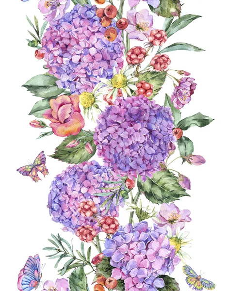 Акварель Летняя Бесшовная Граница Розовой Hydrangea Ромашка Ягоды Полевые Цветы — стоковое фото