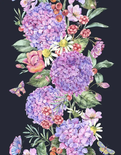 Aquarel Zomer Naadloze Grens Met Roze Hortensia Kamille Bessen Wildflowers — Stockfoto