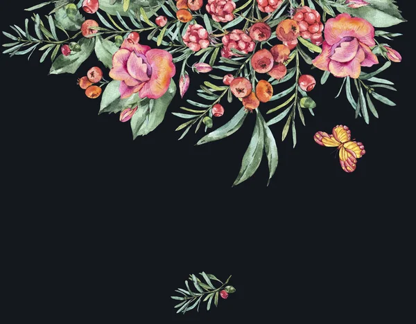 水彩复古花束与浆果 黑莓和蝴蝶 邀请贺卡 在黑色背景中分离的天然花卉插图 夏季花卉 — 图库照片