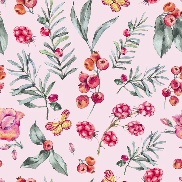 Akvarell Vintage Seamless Pattern Bogyók Vadvirágok Szeder Pillangók Természetes Virágos — Stock Fotó