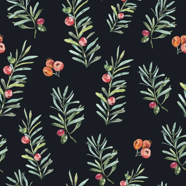 Watercolor Vintage Seamless Pattern Berries Wildflowers Natural Floral Illustratio Black — Stock Photo, Image