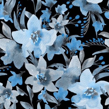 Mavi suluboya Vintage Seamless modeli ile yaz kır çiçekleri
