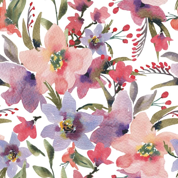 Watercolor Vintage Seamless Pattern with Summer Wildflowers — Stock Photo, Image