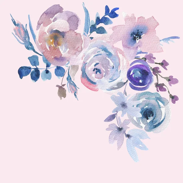 柔和的水彩花卉贺卡在拉普瑞玛风格, 粉红色 — 图库照片