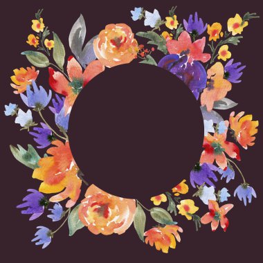 Renkli Wildf ile parlak yaz suluboya Vintage yuvarlak çerçeve