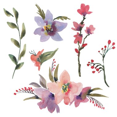 Pembe yaz suluboya Vintage Set renkli kır çiçekleri ile