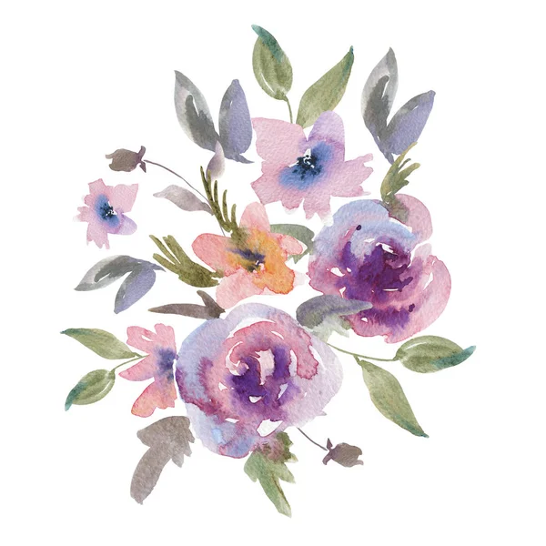 柔和的紫色水彩玫瑰花卉贺卡 — 图库照片