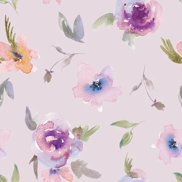 부드러운 보라색 수채화 장미 꽃 원활한 패턴 — 스톡 사진