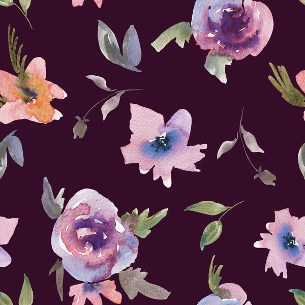 Delikatne purpurowe róże akwarela kwiatowy wzór — Zdjęcie stockowe