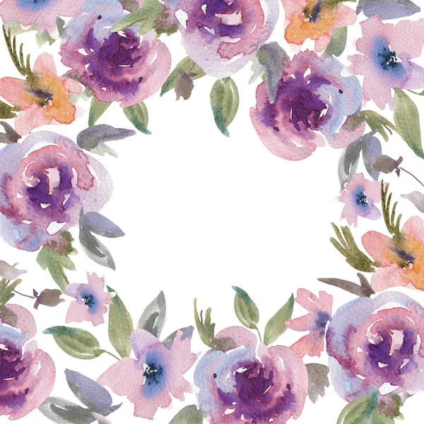 Cartão de saudação floral roxo suave das rosas da aquarela — Fotografia de Stock