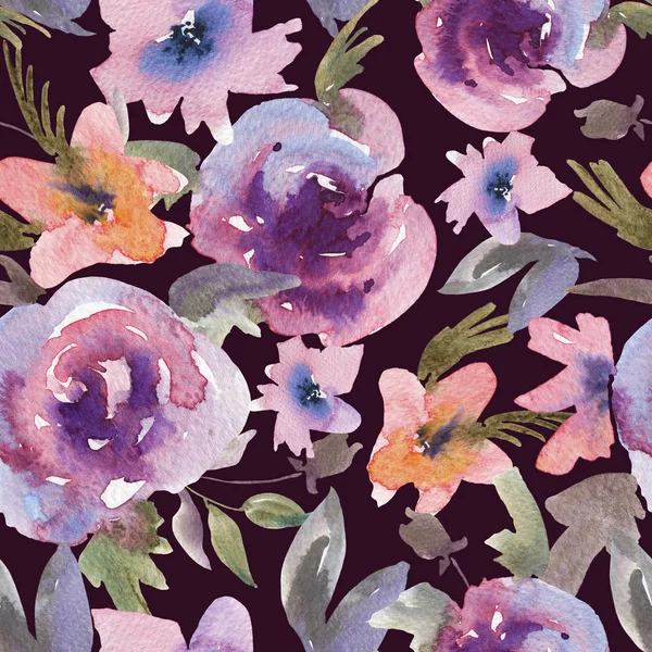 Delikatne purpurowe róże akwarela kwiatowy wzór — Zdjęcie stockowe