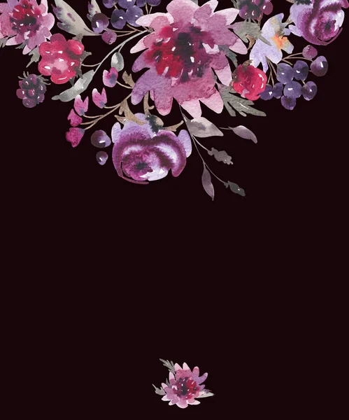 柔和的秋天水彩复古贺卡与紫色菊花 — 图库照片