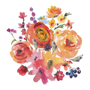 Parlak sarı suluboya gül, kır çiçekleri ve meyveleri çiçek G