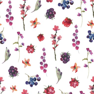 Mor çilek ve Wil ile suluboya soyut Seamless Modeli
