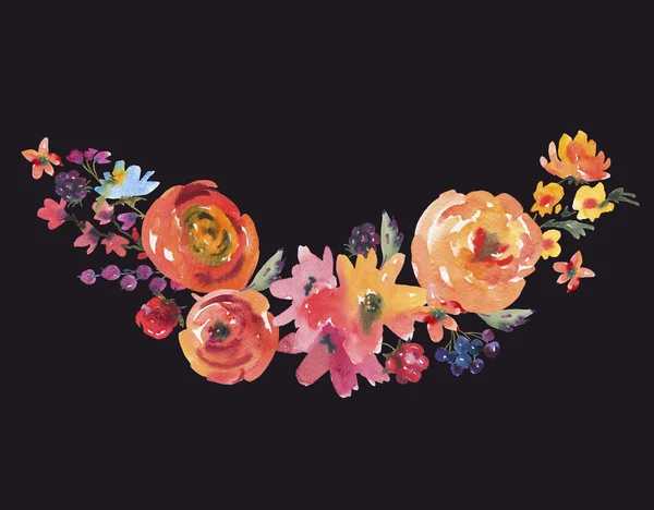 Heldere gele aquarel rozen, wilde bloemen en bessen Floral G — Stockfoto