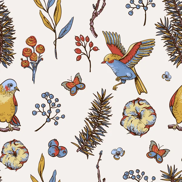 Vector vintage floral spring seamless pattern with birds, fir br. — стоковый вектор