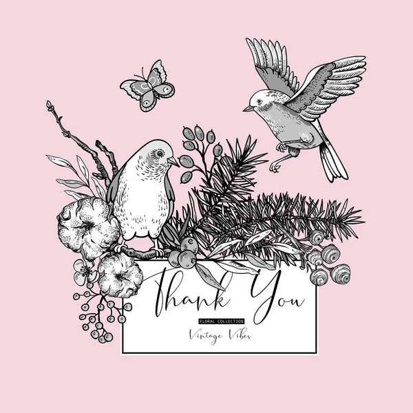 Διάνυσμα vintage σετ ευχετήρια κάρτα λουλουδιών την άνοιξη, με τα πουλιά, f — Διανυσματικό Αρχείο