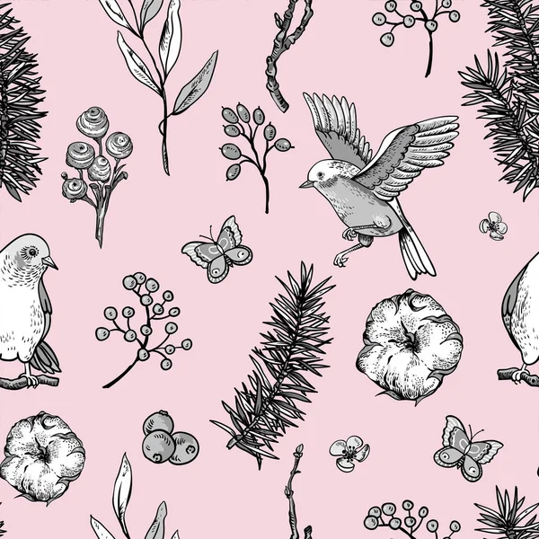 Vector vintage floral patrón inconsútil de primavera con aves, abeto br — Vector de stock