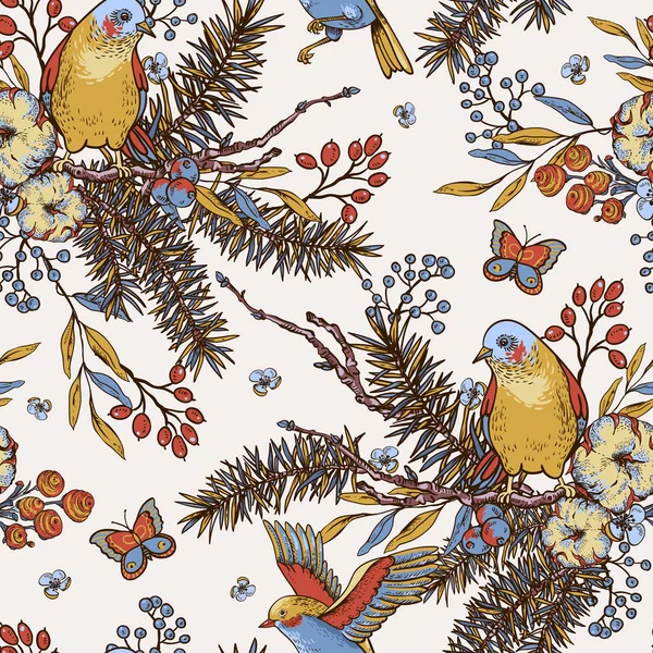 Vector vintage floral patrón inconsútil de primavera con aves, abeto br — Vector de stock