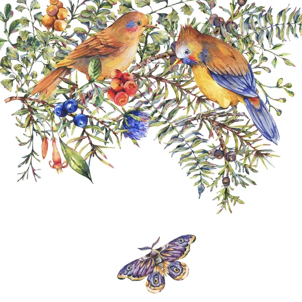 Tarjeta de felicitación de bosque floral vintage de acuarela con par de aves —  Fotos de Stock