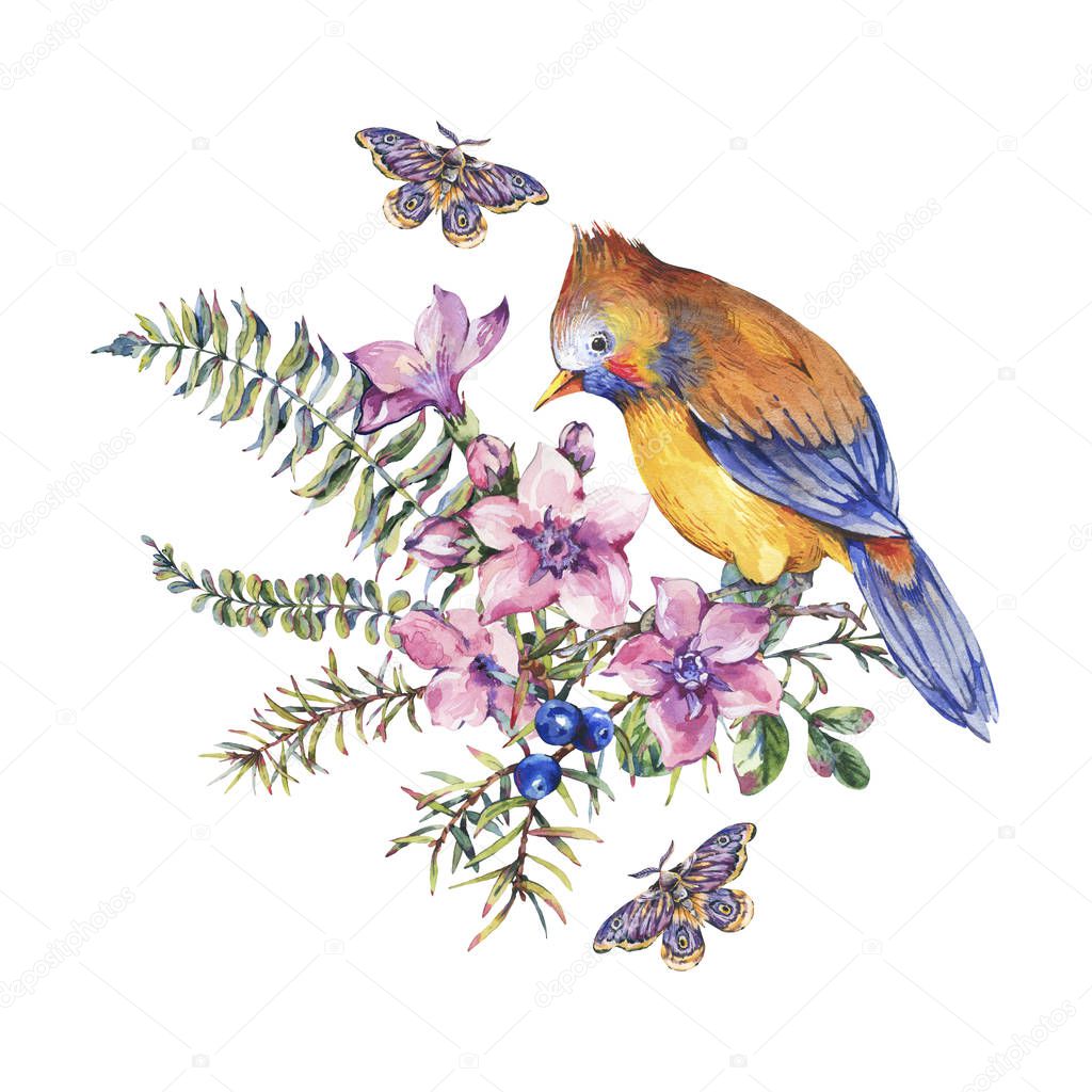 Watercolor vintage floral forest greeting card with bird, berrie