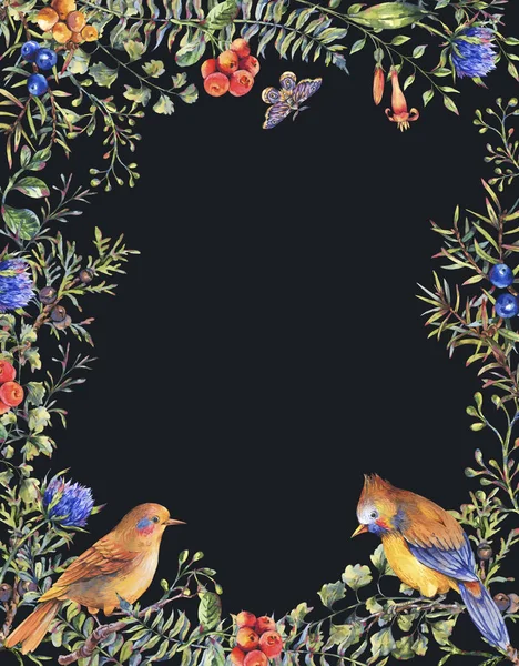 Акварель вінтажний квітковий ліс вертикальна рамка з парою птахів — стокове фото