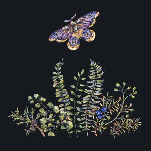 Акварель старовинний квітковий ліс вітальний кліпарт з ялинкою — стокове фото