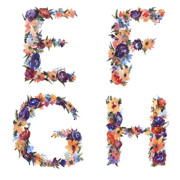花卉水彩字母套装，字母 E F G H 由鲜花制成 — 图库照片