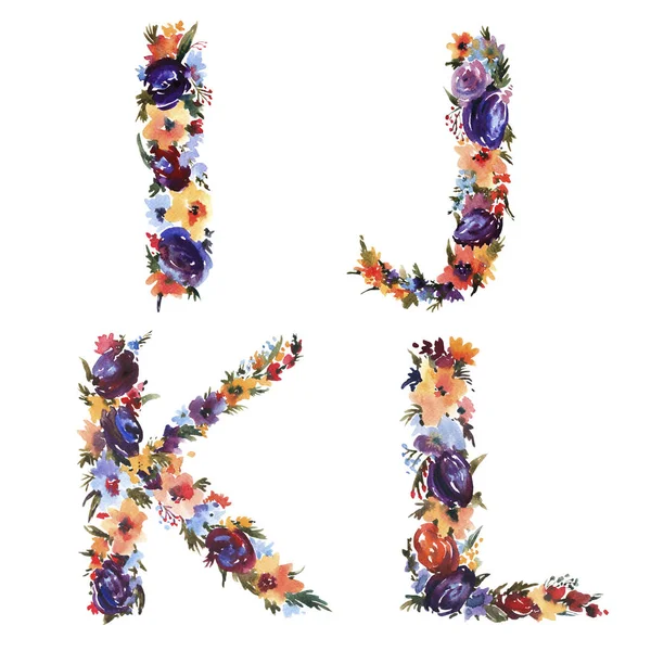 Квітковий акварельний набір алфавітів, літери I J K L Зроблено з квітів — стокове фото