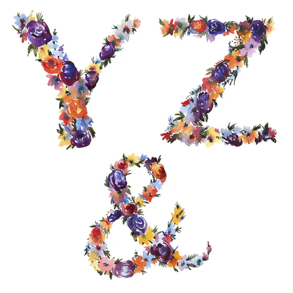 Conjunto de alfabeto de acuarela floral, letras Y Z y hecho de flores . — Foto de Stock