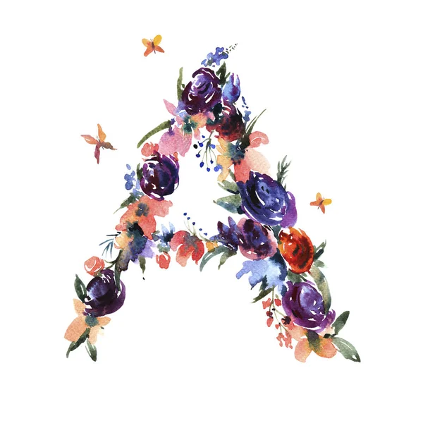 Квітково-Акварельна літера A виготовлена з квітів, ізольована Літня Летт — стокове фото
