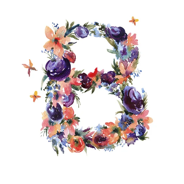 Floral aquarel letter B gemaakt van bloemen, geïsoleerd zomer lett — Stockfoto