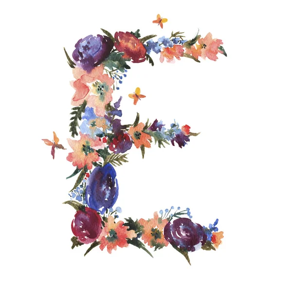 Φλοράλ ακουαρέλα γράμμα E φτιαγμένο από λουλούδια, απομονωμένο καλοκαίρι — Φωτογραφία Αρχείου