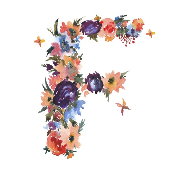 Floral aquarel letter F gemaakt van bloemen, geïsoleerd zomer lett — Stockfoto