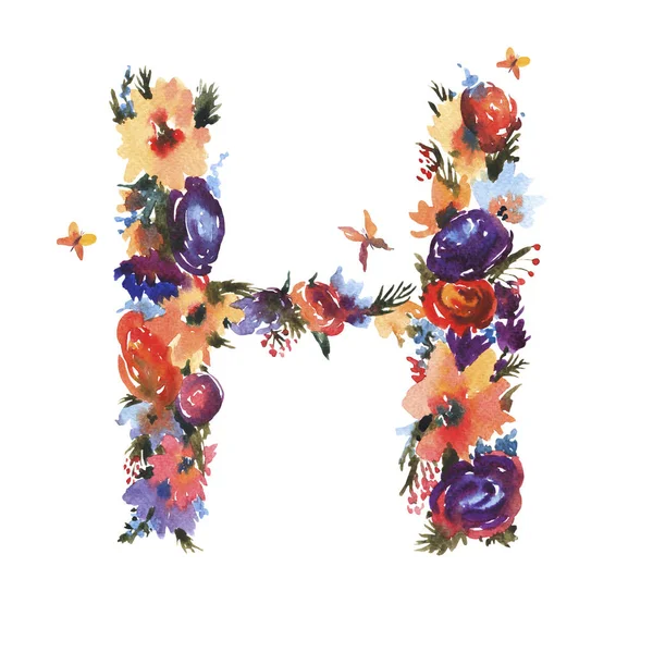 Floral Watercolor Letter H Made of Flowers, Isolated Summer Lett — Stock Photo, Image