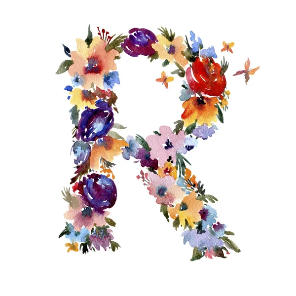 Квітковий акварельний лист R з квітів, ізольований літній лат — стокове фото