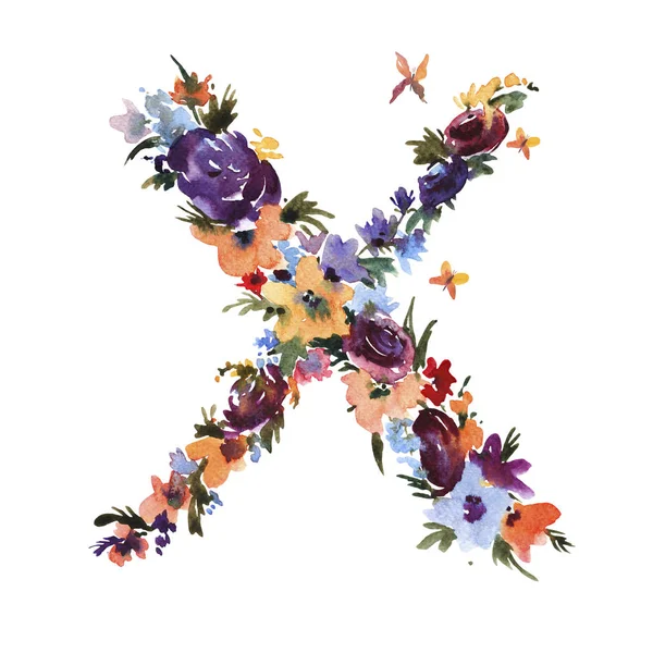 Lettera ad acquerello floreale X fatta di fiori, isolato estate Lett — Foto Stock