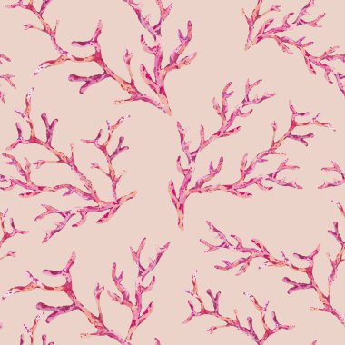 Sualtı kırmızı mercan ile suluboya dikişsiz desen.