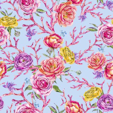 Sualtı Kırmızı Mercan, Co ile Suluboya Çiçek Dikişsiz Desen